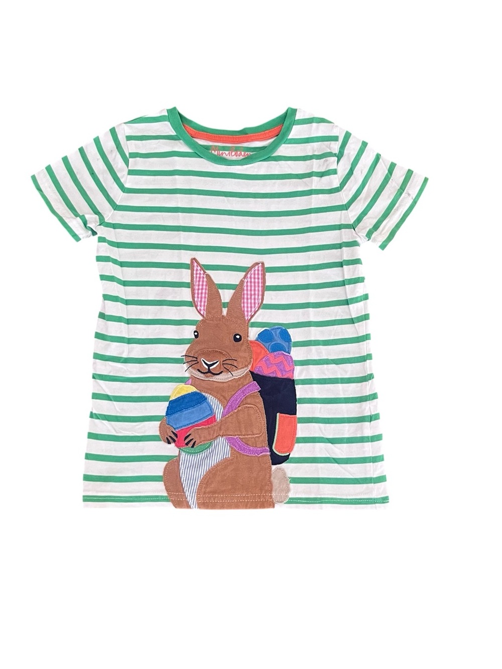 Mini Boden (6|7) Green Striped Bunny Appliqué Tee